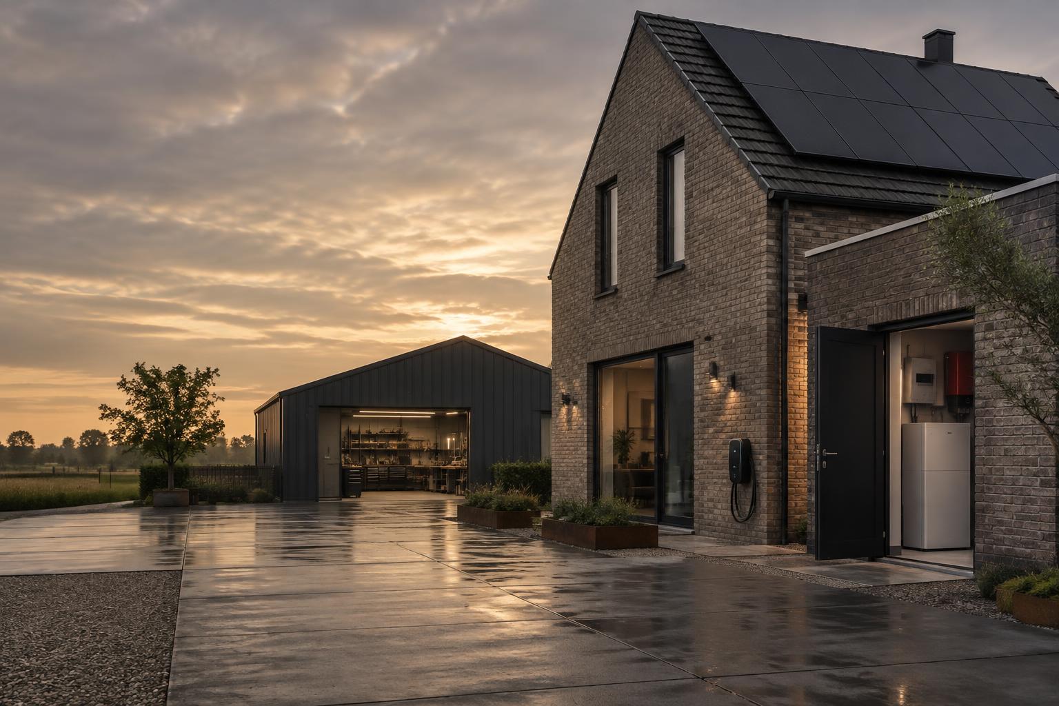 Modern Nederlands pand met zonnepanelen, laadpunt en energieopslag